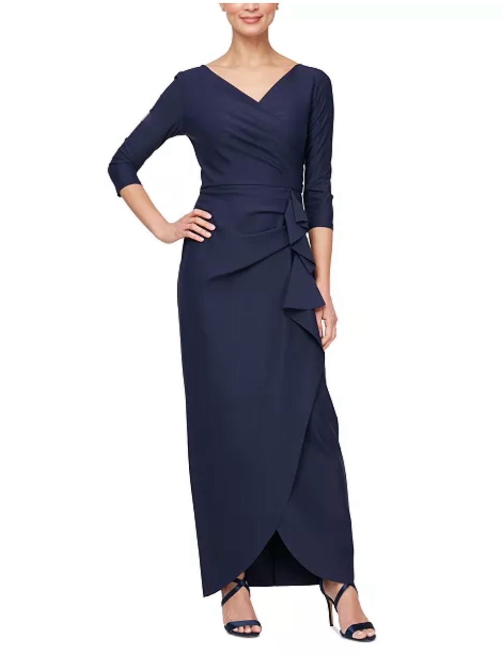 NWT Alex Evenings Navy Formal Dress Compression Surplice Draped 3/4-Sleeve Gown